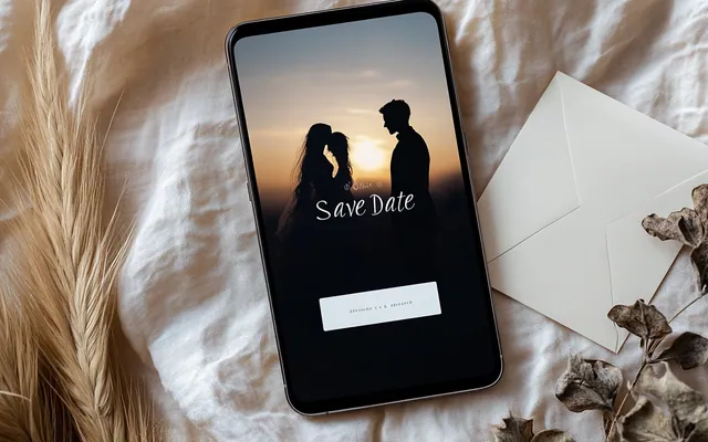 save the date na ekranie telefonu obok kalendarza i kwiatów, eleganckie martwe natura